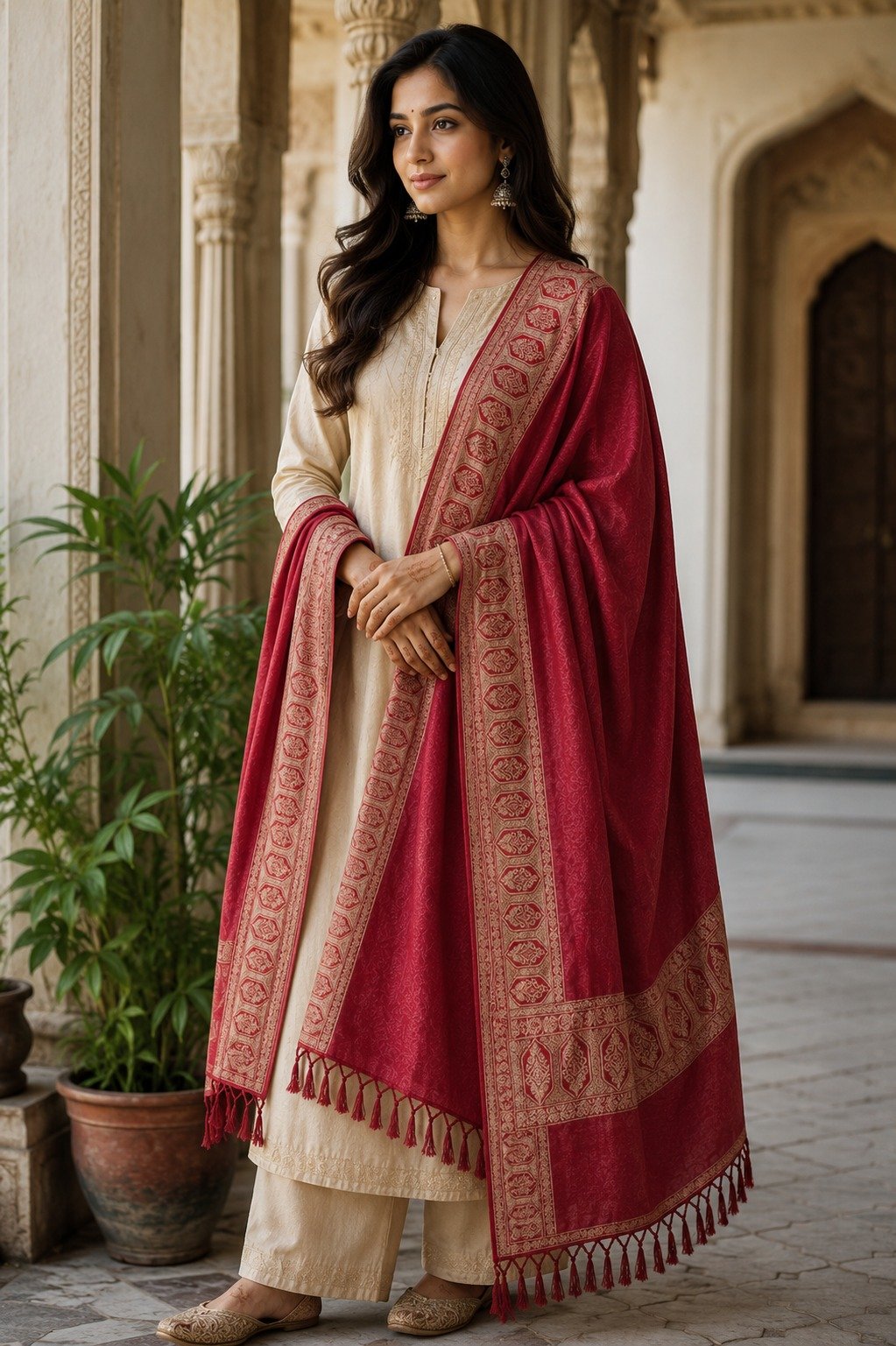 Model draped in a Acrylic Shawl, Acrylic Shawl Crimson Reverie design