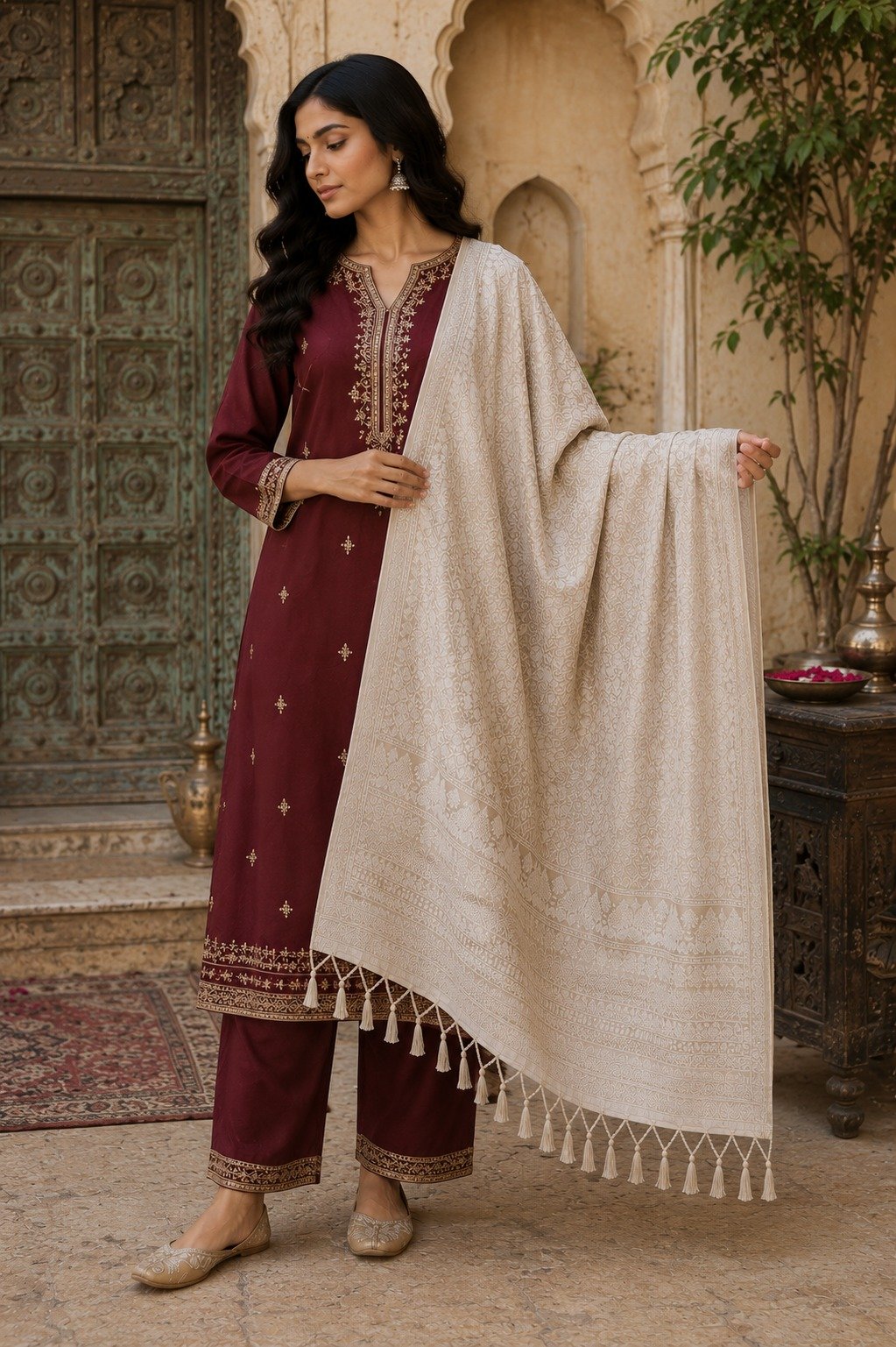 Model draped in a Acrylic Shawl, Acrylic Shawl Ivory Trellis design