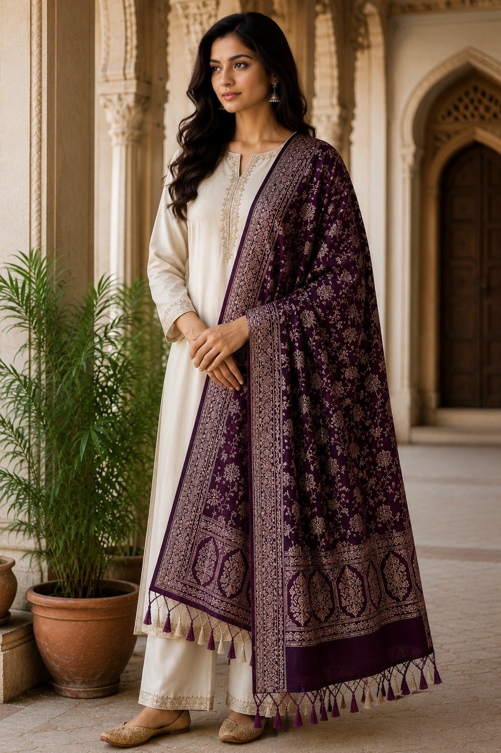 Viscose Shawl, Viscose Shawl Aubergine Bloom design